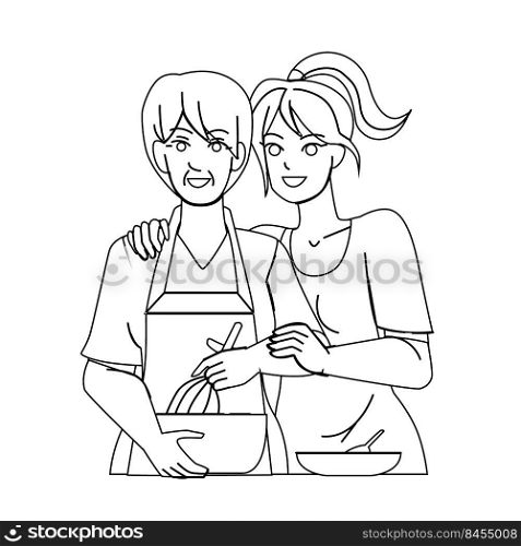 mother daughter kitchen vector. family happy mom, old woman, home food, girl cook together mother daughter kitchen character. people black line pencil drawing vector illustration. mother daughter kitchen vector
