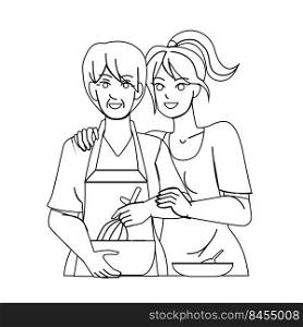 mother daughter kitchen vector. family happy mom, old woman, home food, girl cook together mother daughter kitchen character. people black line pencil drawing vector illustration. mother daughter kitchen vector