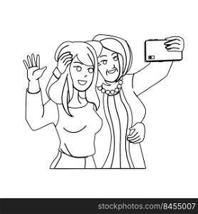 mother daughter selfie vector. family happy child, young mom, adult woman, mobile photo mother daughter selfie character. people black line pencil drawing vector illustration. mother daughter selfie vector
