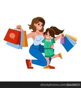 mother daughter shopping vector. family happy girl, woman mall, mom child shop mother daughter shopping character. people flat cartoon illustration. mother daughter shopping vector
