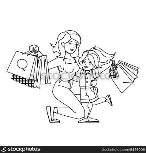 mother daughter shopping vector. family happy girl, woman mall, mom child shop mother daughter shopping character. people black line pencil drawing vector illustration. mother daughter shopping vector