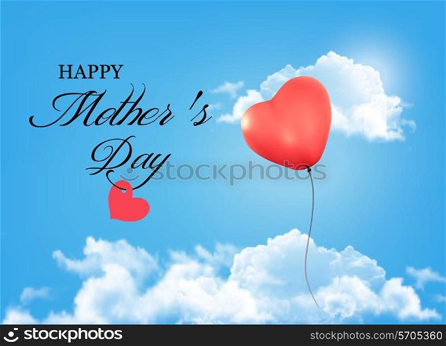 Mother day background. Holiday heart-shaped balloon in a blue sky with clouds. Vector.