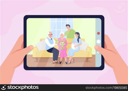 Mother day celebration 2D vector isolated illustration. Taking picture of smiling family members flat first view hand on cartoon background. Celebrate grandmother birthday colourful scene. Mother day celebration 2D vector isolated illustration