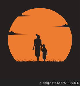 Mother day concept. mother walked in hand with her son in the sunset. holiday, silhouette, vector illustration flat design