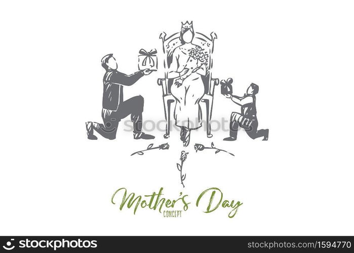 Mother day concept sketch. Feminine holiday celebration, young woman with crown holding roses bouquet, queen sits on throne, husband and little son present gifts. Isolated vector illustration. Mother day concept sketch. Isolated vector illustration