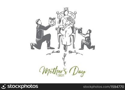 Mother day concept sketch. Feminine holiday celebration, young woman with crown holding roses bouquet, queen sits on throne, husband and little son present gifts. Isolated vector illustration. Mother day concept sketch. Isolated vector illustration