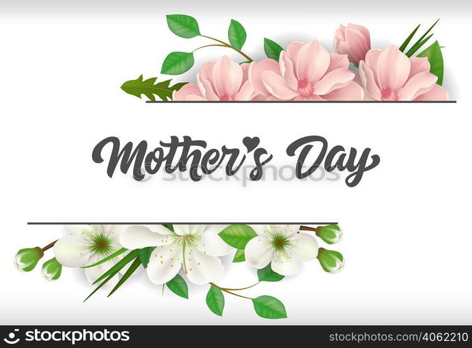 Mother Day lettering with flowers. Mothers Day greeting card. Handwritten text, calligraphy. For greeting card, invitation, leaflet, postcard or banner.