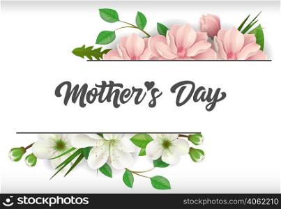 Mother Day lettering with flowers. Mothers Day greeting card. Handwritten text, calligraphy. For greeting card, invitation, leaflet, postcard or banner.