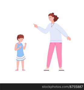Mother discipline kid. Shouting mom punish cry guilty baby in bad behavior, parent woman yelling angry talk with daughter, parents lecture, vector illustration. Kids discipline by angry parent. Mother discipline kid. Shouting mom punish cry guilty baby in bad behavior, parent woman yelling angry talk with daughter, parents reprimand or lecture, vector illustration