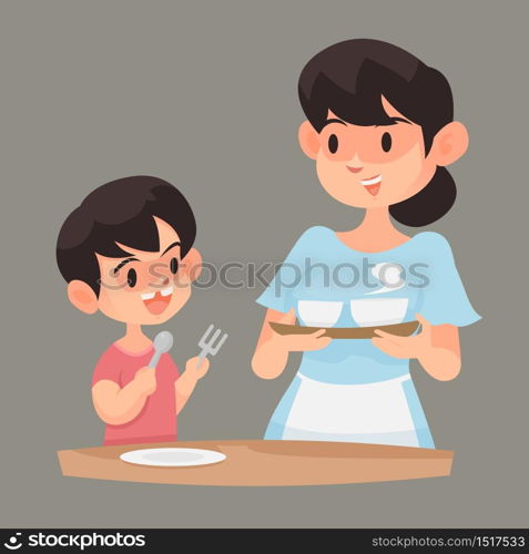Mother dish up her son with food, Vector illustration.
