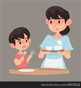 Mother dish up her son with food, Vector illustration.