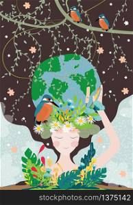 Mother earth day poster with planet, nature and beauty woman. Cute cartoon Vector Girl with wild natural forest and globe, World environment background, Save the earth and Earth day, Green day concept