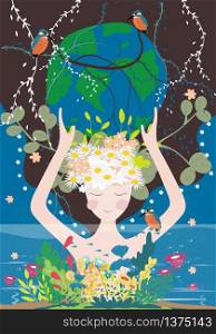 Mother earth day poster with planet, nature and beauty woman. Cute cartoon Vector Girl with wild natural forest and globe, World environment background, Save the earth and Earth day, Green day concept