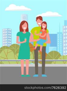 Mother, father and daughter eating ice cream, spend time together in city park. Vector happy family and child on background of cityscape with buildings and trees. Flat cartoon. Mother, Father Daughter Eating Ice Cream Free Time