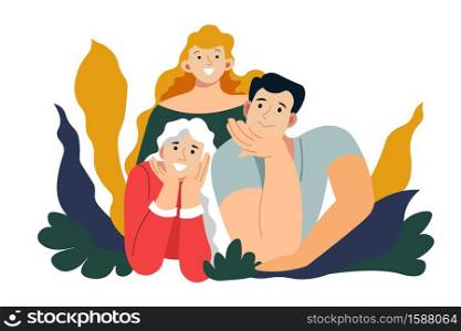 Mother, father and daughter, family portrait isolated characters vector. Wife and husband, kid or child, parents and girl, relationship and friendship. Taking picture or group photo abstract plants. Family portrait, mother, father and daughter isolated characters