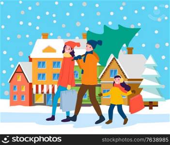 Mother, father and daughter going home together. Man hold fir tree on shoulder. People preparing for winter holidays. Landscape with buildings on background. Christmas preparation vector greeting card. Family Preparing for Christmas, City Landscape