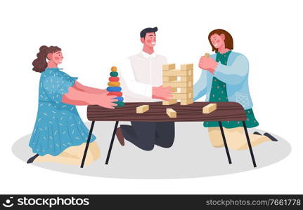 Mother, father and daughter have fun at home reception. Family spending leisure time playing game. Tower of wooden bricks on table. Man, woman and kid isolated on white. Vector illustration. People Play Jenga Game, Family Have Fun Together