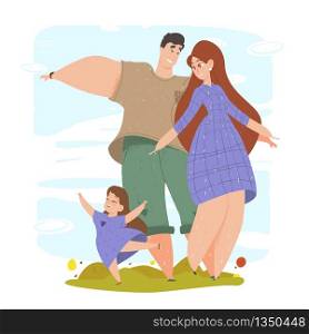 Mother, Father and Daughter Waving Hands Happy Together. Young Family Spare Time, Love, Relations. Woman, Man and Little Girl Walking in Public City Park at Sunny Day. Cartoon Flat Vector Illustration. Mother, Father and Daughter Waving Hands in Park