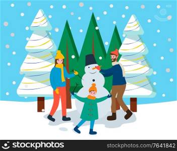 Mother, father and son making snowman together. Family walking in winter snowy forest or park. Parents and kid actively spend time on christmas holiday or weekend. Vector illustration in flat style. Parents and Kid Making Snowman in Winter Forest