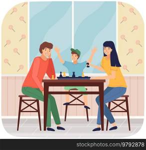 Mother, father and son playing board game together. Family members playing chess sitting at table. Indoor entertainment for adults and children. Parents spend time with their child playing logic game. Mother, father and son playing board game together. Family members playing chess sitting at table