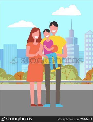 Mother, father and son with ball in hands spend time together in city park. Vector happy family and child on background of cityscape with buildings and trees. Flat cartoon. Mother, Father, Son with Ball in Hands Spend Time