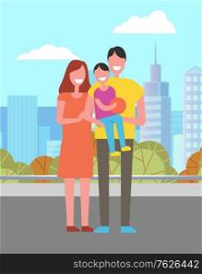 Mother, father and son with ball in hands spend time together in city park. Vector happy family and child on background of cityscape with buildings and trees. Flat cartoon. Mother, Father, Son with Ball in Hands Spend Time
