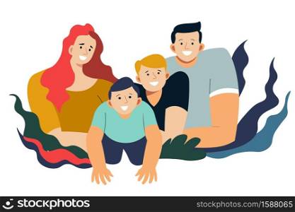 Mother, father and sons, family portrait isolated characters vector. Wife and husband, kids or children, parents and boys, relationship and friendship. Taking picture or group photo abstract plants. Family portrait, mother and father with sons, group photo