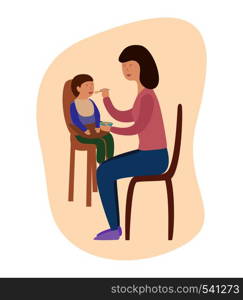 Mother feeding baby boy with spoon. Flat vector Illustration. Mother feeding baby boy with spoon. vector Illustration