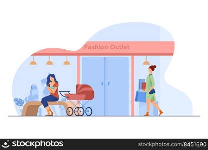 Mother feeding baby near fashion outlet. Store, pram, shopping flat vector illustration. Motherhood and lactation concept for banner, website design or landing web page