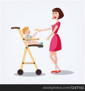 Mother feeds baby, cartoon style, vector illustration. Mother feeds baby, cartoon style, vector, illustration, isolated