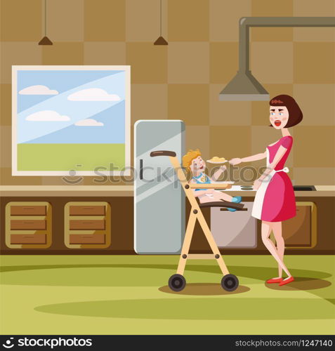 Mother feeds baby in kitchen, interior, cartoon style, vector illustration. Mother feeds baby in kitchen, interior, cartoon style, vector, illustration, isolated