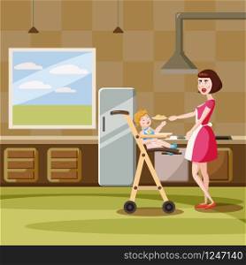Mother feeds baby in kitchen, interior, cartoon style, vector illustration. Mother feeds baby in kitchen, interior, cartoon style, vector, illustration, isolated