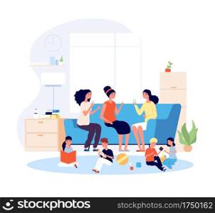Mother friends. Young happy women activity. Moms sitting sofa and children playing. Females relaxing with drinks at home vector concept. Illustration mother together, woman drink and game. Mother friends. Young happy women activity. Moms sitting sofa and children playing. Females relaxing with drinks at home vector concept