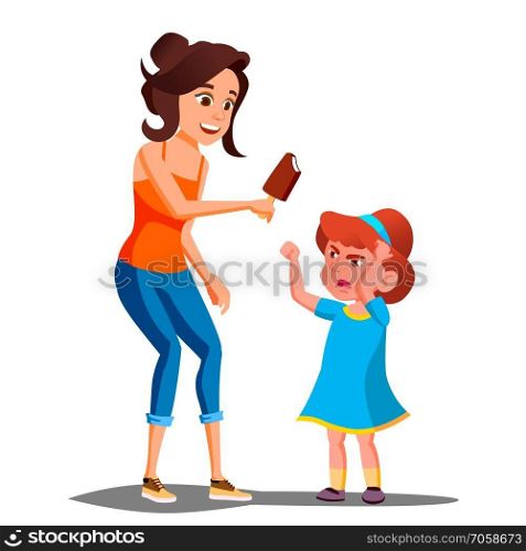 Mother Gives Ice Cream To A Crying Child Vector. Illustration. Mother Gives Ice Cream To A Crying Child Vector. Isolated Illustration
