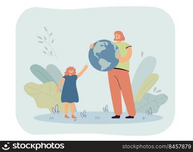 Mother giving globe to daughter. Female characters holding blue planet earth, offering it to little girl. Caring about environment, ecology concept for banner, website design, landing web page