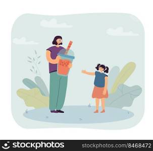 Mother giving huge cup of boba or bubble tea to daughter. Child next to woman holding delicious milk drink flat vector illustration. Beverage, summer, dessert concept for banner or landing web page