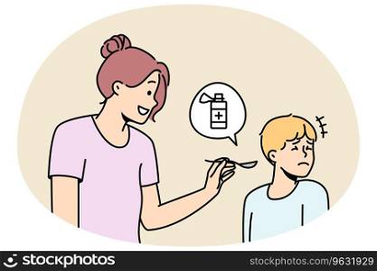 Mother giving unhappy sick child meds. Stubborn ill boy kid refuse taking medications. Children healthcare and medicine. Vector illustration.. Mother giving child meds