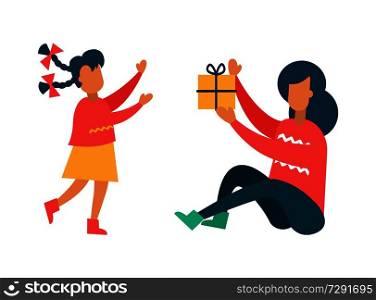 Mother going to give present to her adorable daughter, packed gift box with bow, close family relationships, happy childhood vector illustration. Mother Going to Give Present to Adorable Daughter