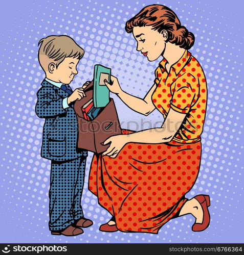 mother help child come to school. The mother helps the child to come to school. Textbooks books portfolio. Education family retro style pop art