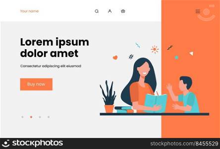 Mother helping kid with study. Book, school, home flat vector illustration. Parenthood and education concept for banner, website design or landing web page