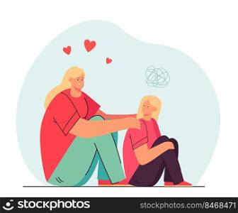 Mother helping puzzled daughter to cope with problem. Parent supporting child flat vector illustration. Parenthood, family relationship concept for banner, website design or landing web page