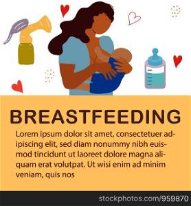 Mother holding and feeding newborn. Space for text. Breastfeeding concept. Flat cartoon style. Vector illustration.. Mother breastfeeding newborn. Space for text.