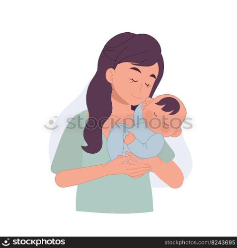 Mother Holding Baby In Arms. Baby In A Tender Embrace Of Mother. Flat vector illustration 