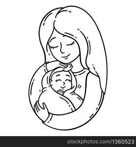 Mother holding baby. Isolated objects on white background. Vector illustration. Coloring pages.