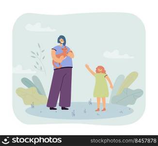 Mother holding cat in hands and daughter standing next to her. Woman stroking lovely pet, spending time together. Animal companion concept for banner, website design or landing web page