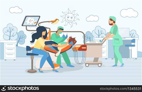 Mother Holding Child Lying in Medical Chair in Stomatologist Cabinet by Hand, Chamber with Nurse and Equipment, Doctor Check Up Patient Teeth and Conducting Treatment. Cartoon Flat Vector Illustration. Child Lying in Medical Chair in Dentistry Cabinet