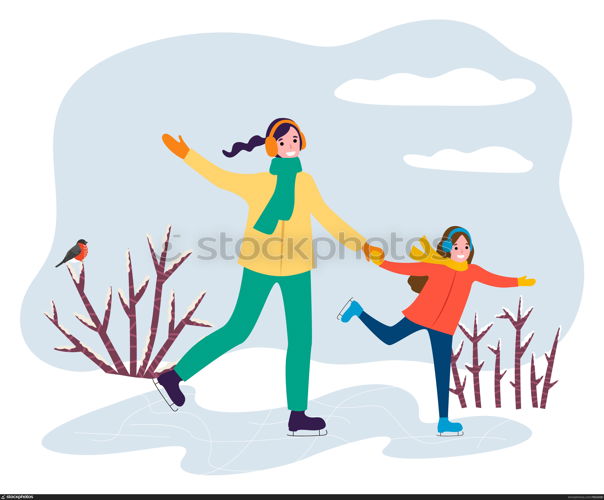 Mother holding daughter hand and skating in winter park. Smiling woman teaching little girl on rink. Activity on ice of happy family mom and kid in casual clothes. People walking outdoor vector. People Learning Skating on Rink Outdoor Vector