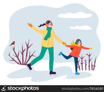 Mother holding daughter hand and skating in winter park. Smiling woman teaching little girl on rink. Activity on ice of happy family mom and kid in casual clothes. People walking outdoor vector. People Learning Skating on Rink Outdoor Vector