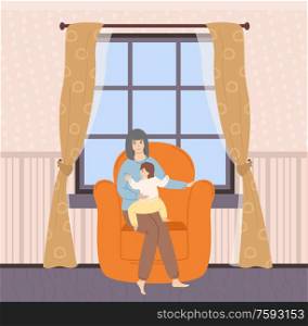 Mother holding kid, woman sitting on sofa or big armchair with child, family leisure, interior of room, big window with curtain, wallpaper and floor vector. Interior of Room, Mother with Child at Home Vector