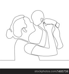 Mother holding little baby in her arms, continuous one line drawing. Happy family, parenthood. Black and white sketch vector illustration.